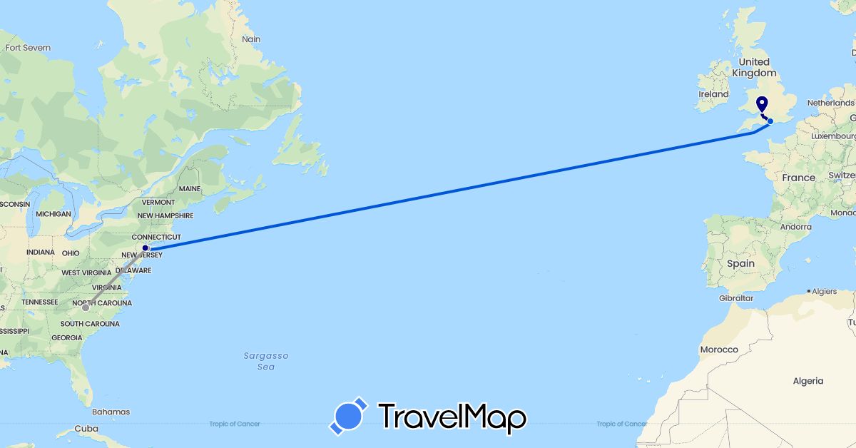 TravelMap itinerary: driving, plane, cruise in United Kingdom, United States (Europe, North America)